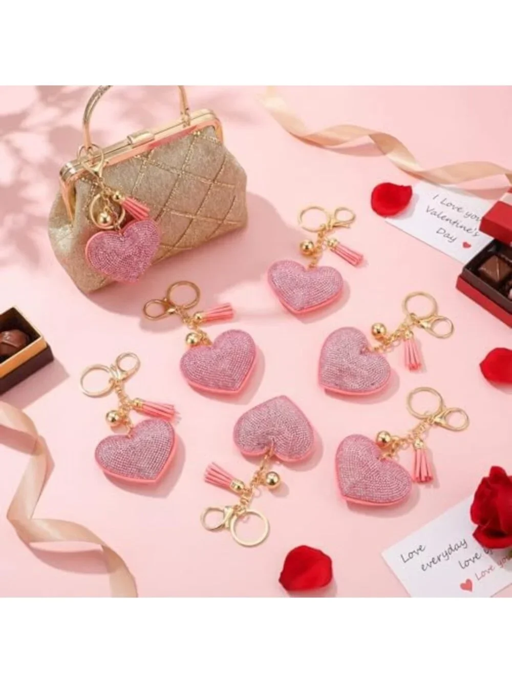 Valentine's Day Rhinestone Heart Keychains Set | Glitter Bling Tassel Gifts